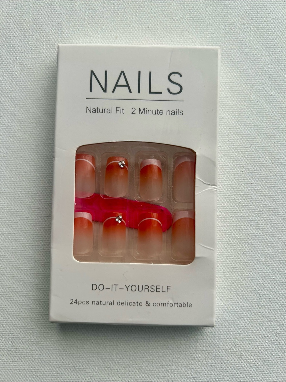 Peach Ombre Press-On Nail Set with Rhinestone Accent